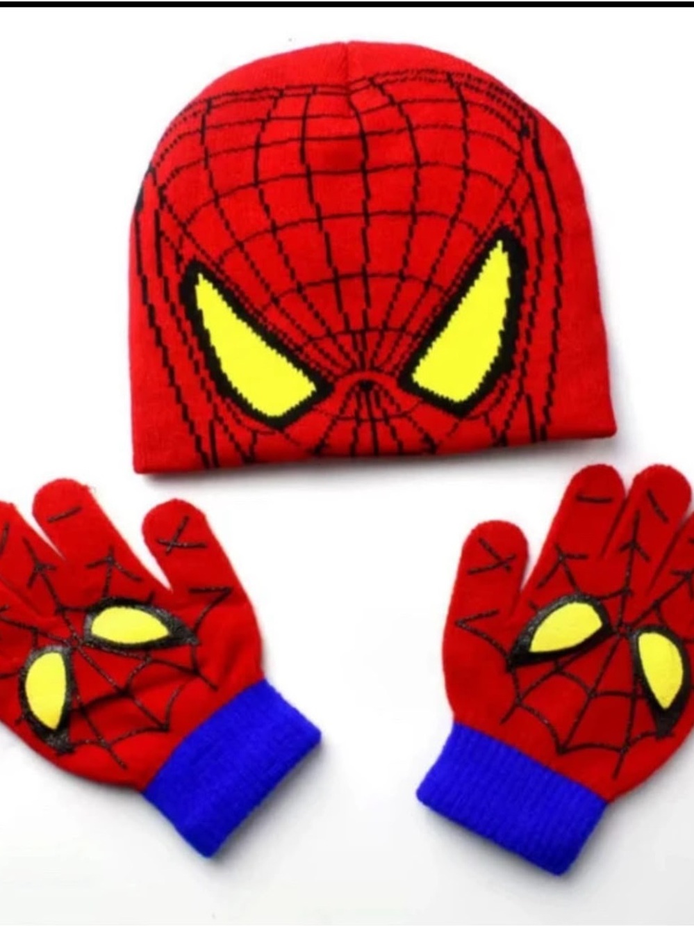 Spiderman Red Beanie and Glove Set with Yellow Eye Accents and Blue Cuffs